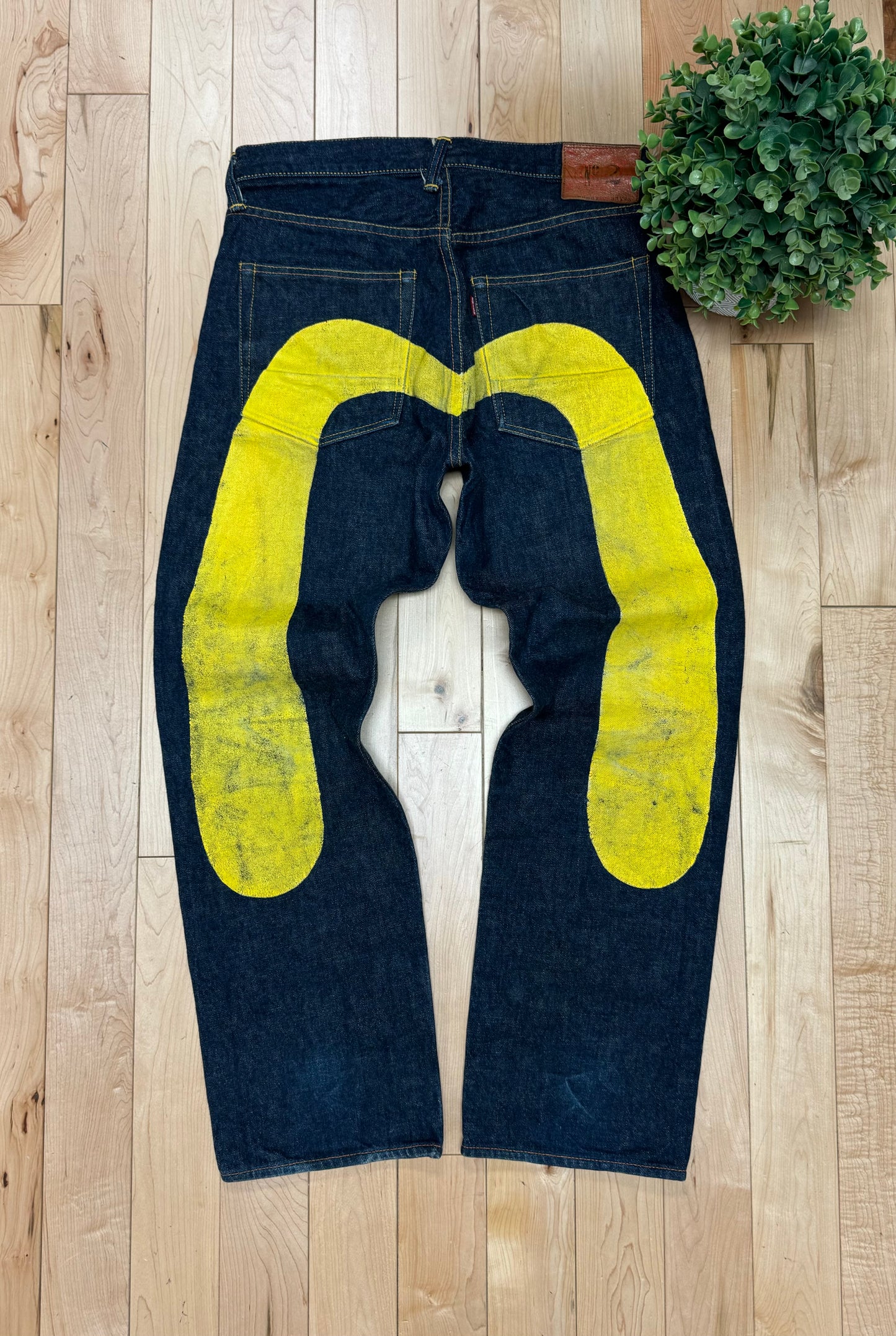 2000s Evisu Hand Painted Yellow Logo Raw Selvedge Denim