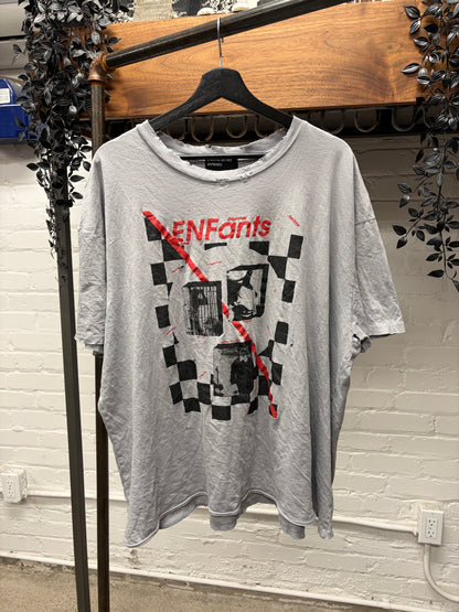 SS2025 Enfants Riches Deprimes ‘Checkered Fan’ Distressed Grey Cotton T-Shirt