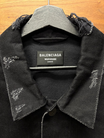 AW2022 Balenciaga ‘3B Sports Icon’ Oversized Distressed Black Denim Trucker Jacket