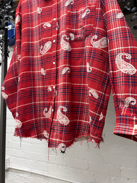 424 ‘Raw Hem’ Paisley/Plaid Red Button Up Flannel Shirt
