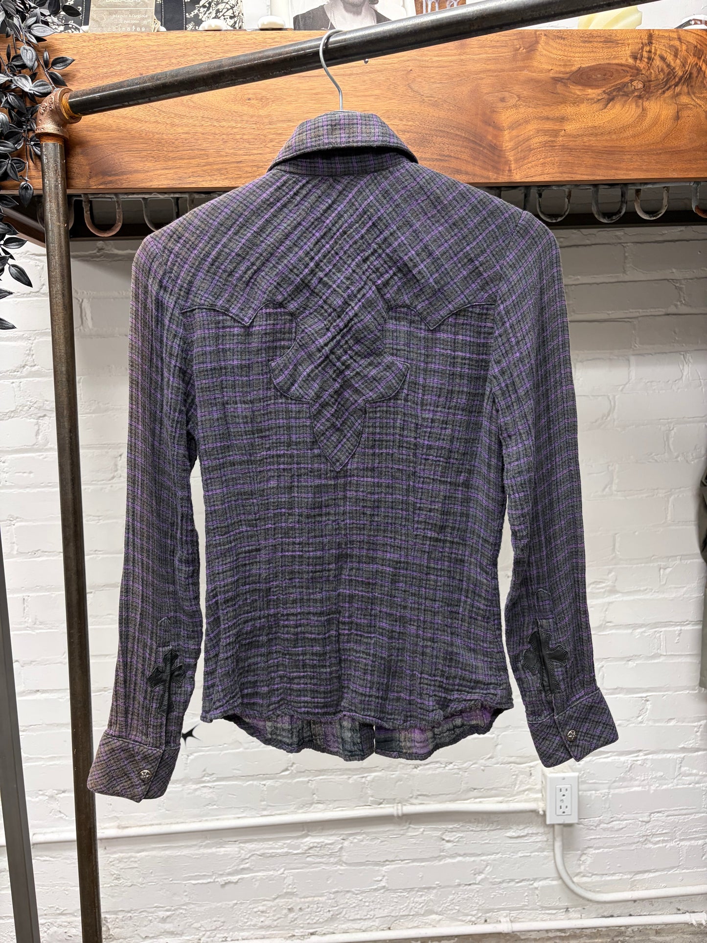 Chrome Hearts Purple Cross Patch Fleur-Back Purple Plaid Flannel Shirt
