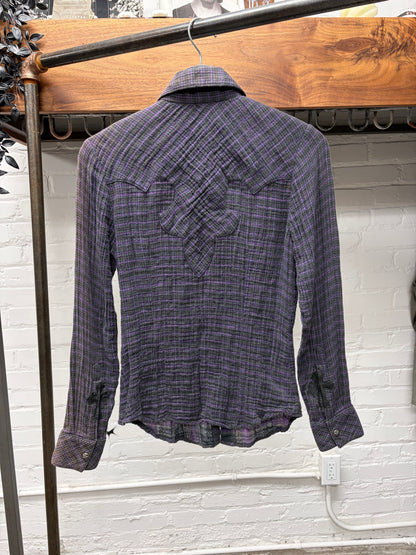Chrome Hearts Purple Cross Patch Fleur-Back Purple Plaid Flannel Shirt