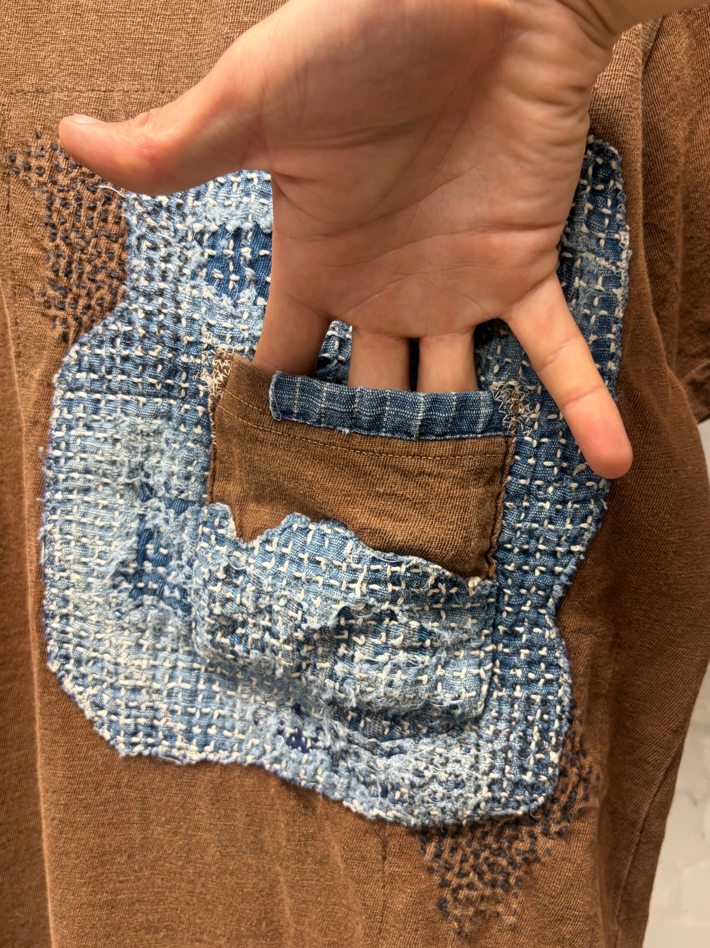 Kapital ‘Sashiko Denim Repaired’ Brown/Blue Pocket T-Shirt