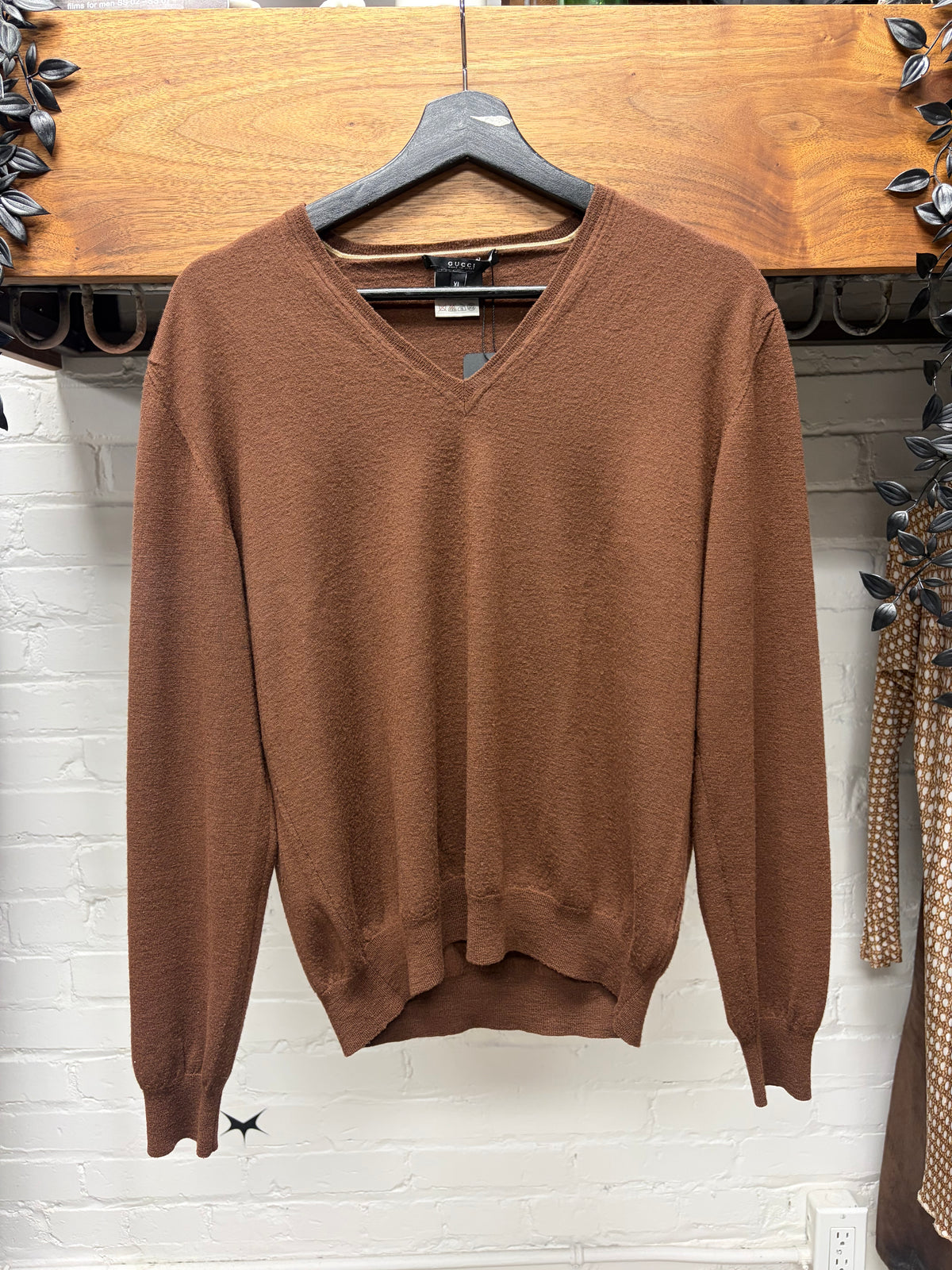 Gucci Caramel Brown ‘Fleece Wool’ V-Neck Knit Sweater