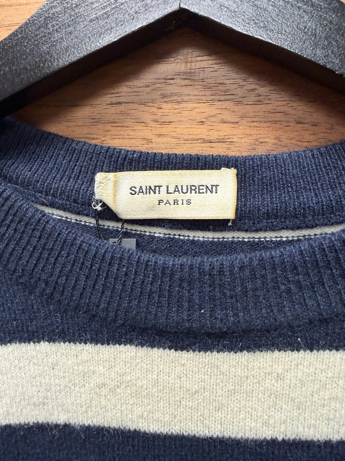 2016 Saint Laurent by Hedi Slimane Distressed Cashmere Navy/White Knit Sweater