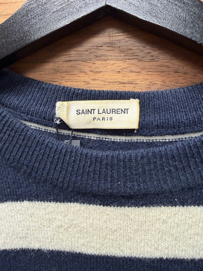 2016 Saint Laurent by Hedi Slimane Distressed Cashmere Navy/White Knit Sweater