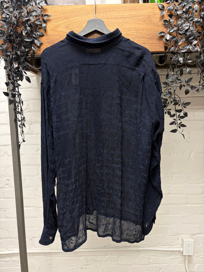 Hermes Silk ‘Cursive Scripture’ Embroidered Linen Button Down Shirt