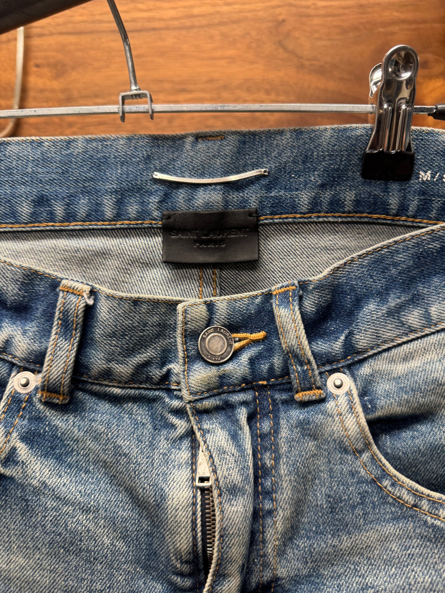 2019 Saint Laurent ‘D14’ Distressed Dirty Blue Washed Skinny Jeans