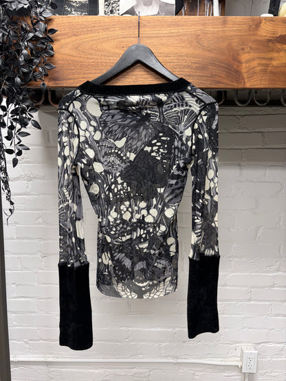 2007 Jean Paul Gaultier ‘Neiman Marcus Exclusive’ Butterfly Mesh Top with Ribbed Velour Cuffs
