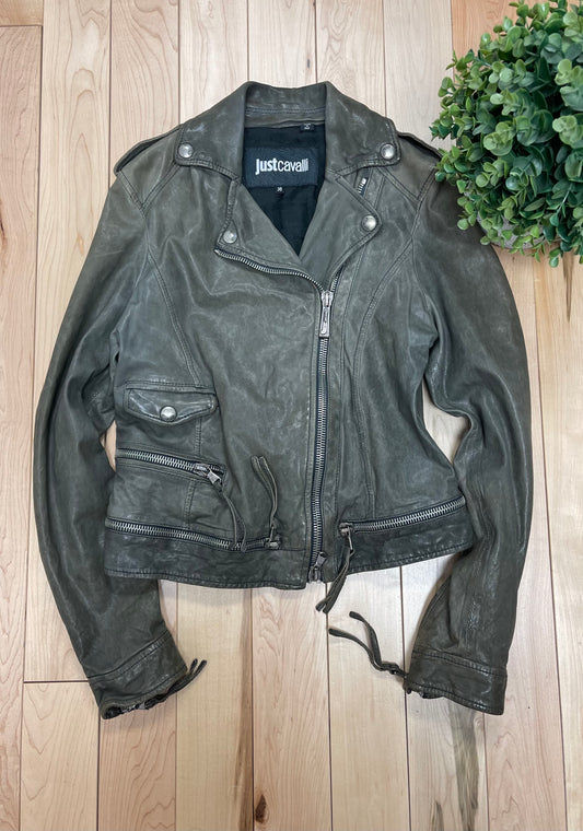 Roberto Cavalli Grey Calfskin Leather Perfecto Zip Biker Jacket