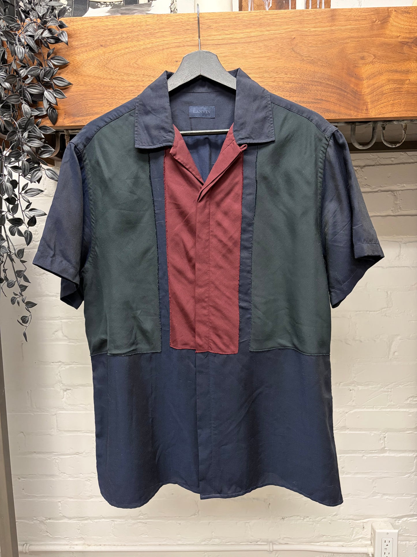 Lanvin Color-Blocked Camp Collar Short Sleeve Button Up Shirt