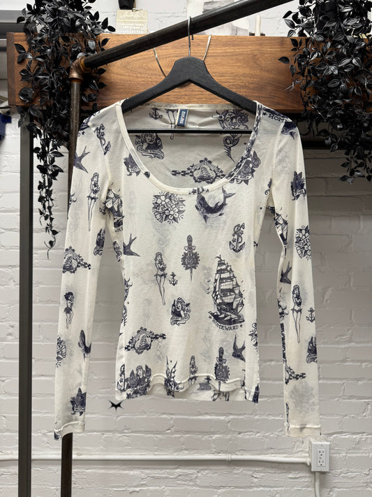 Vintage Jean Paul Gaultier American Traditional ‘Tattoo’ Mesh Long Sleeve Shirt