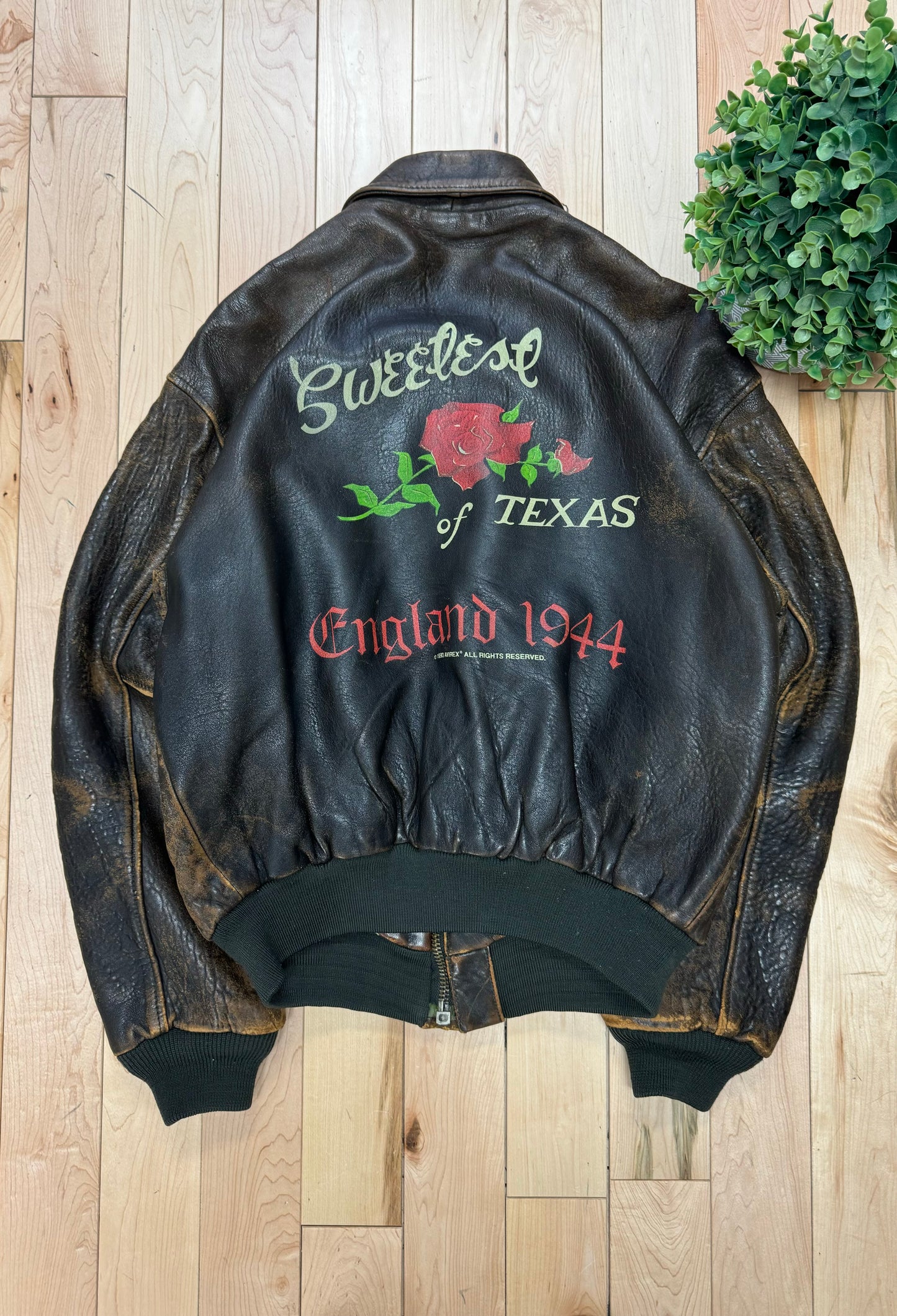 1990s Avirex ‘Sweetest of Texas’ Hand Painted Leather Bomber Jacket