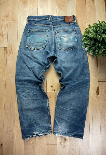 Evisu N02 Hand Painted Gull Logo Light Wash Wide Cut Denim