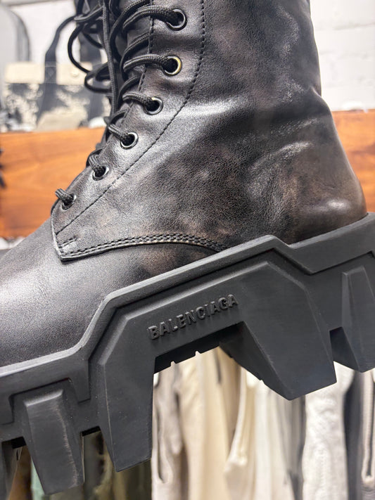 Balenciaga ‘Bulldozer’ Distressed Leather Platform Sole Combat Boots