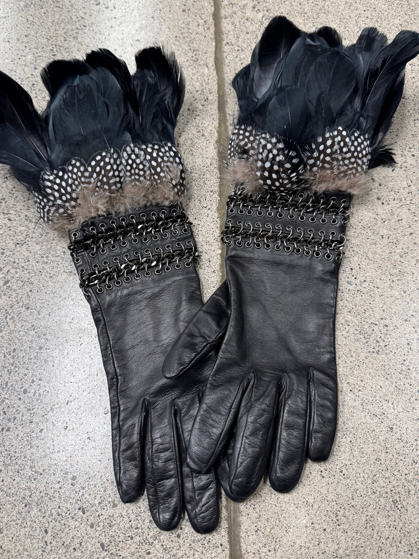 Alexander McQueen Genuine Feathers/Chain Mail Leather Gloves
