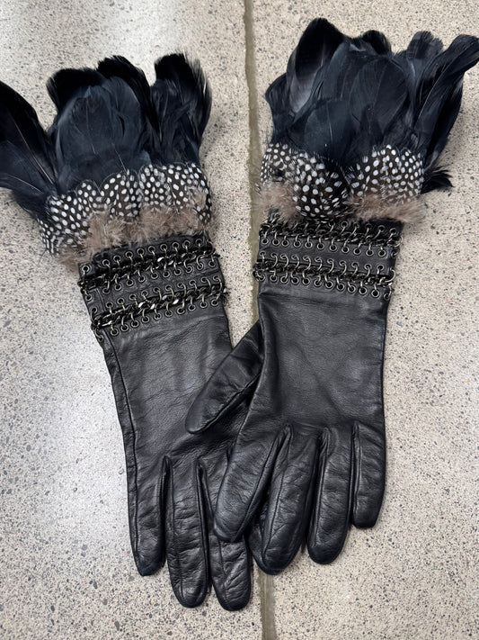 Alexander McQueen Genuine Feathers/Chain Mail Leather Gloves