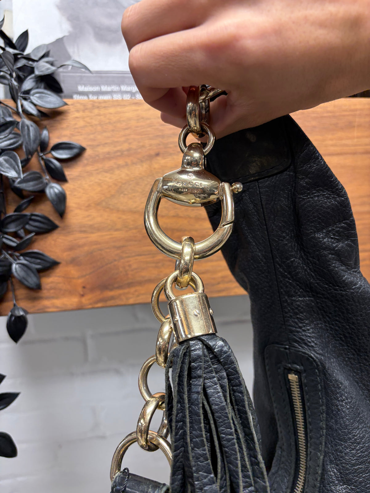 Vintage Gucci Fringe Black Leather Bag with Gold Hardware