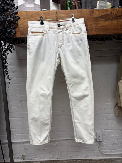 Berluti Pleated White Slim Cut Denim with Leather Pocket Trim
