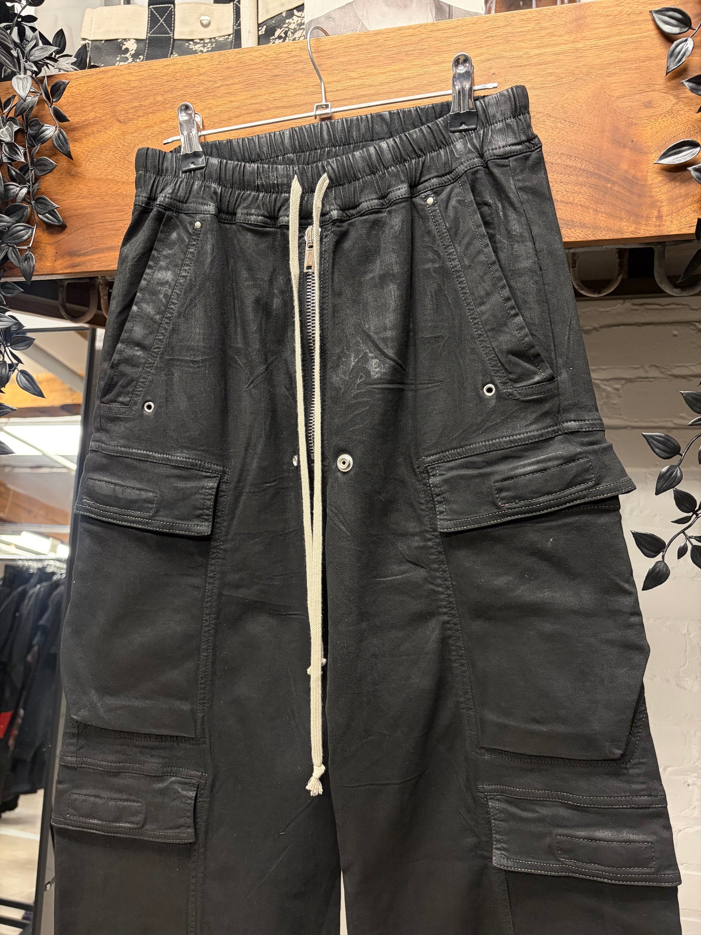 Rick Owens Waxed Black ‘CargoBela’ Wide Leg Pants