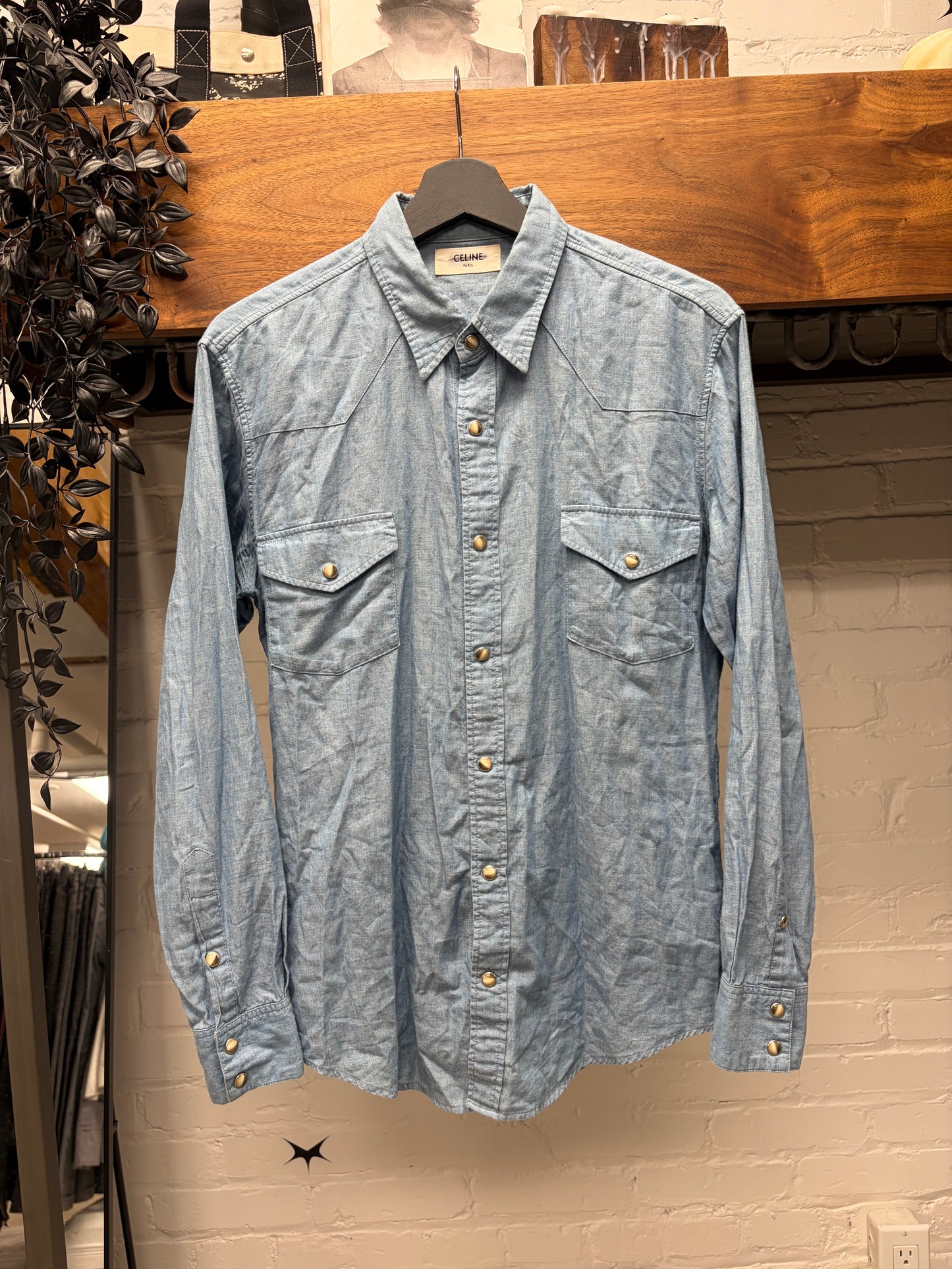Celine Light Wash Blue Pearl Button Snap Denim Shirt