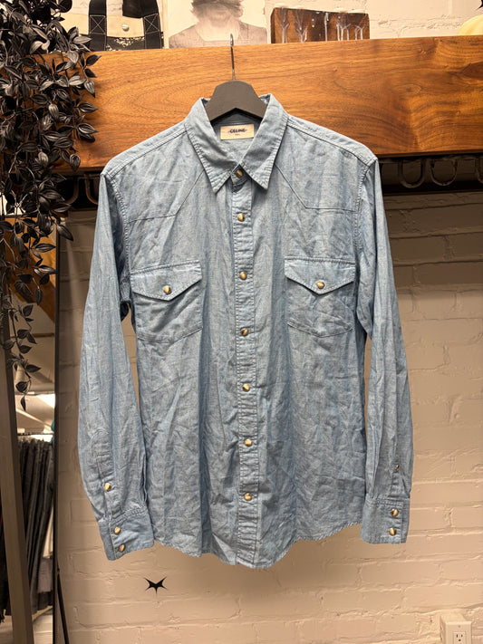 Celine Light Wash Blue Pearl Button Snap Denim Shirt