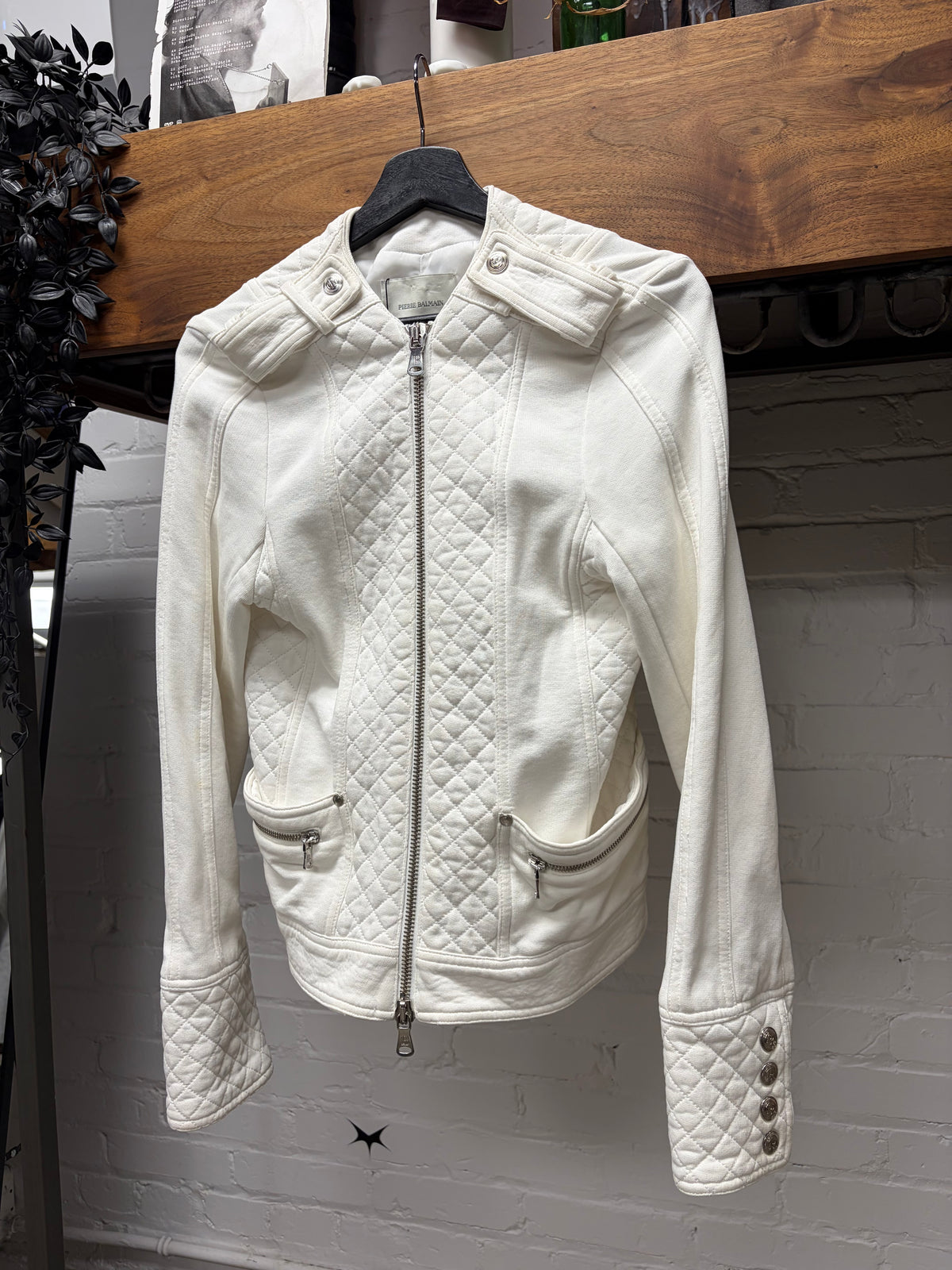 Balmain White ‘Napoleon’ Waistline Cropped Cotton Bomber Jacket