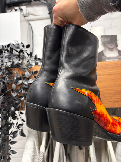 Vetements Flame Appliqué Black Leather Cuban Heel Boots