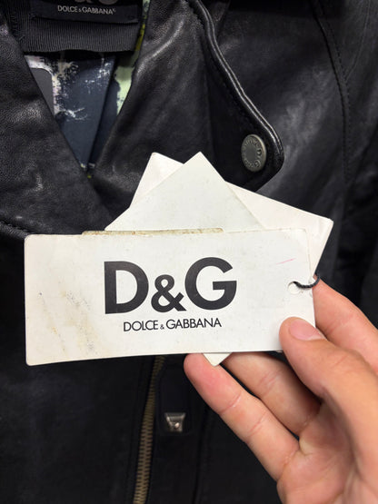Dolce and Gabbana Cropped Black Lambskin Leather Biker Jacket with Floral Liner