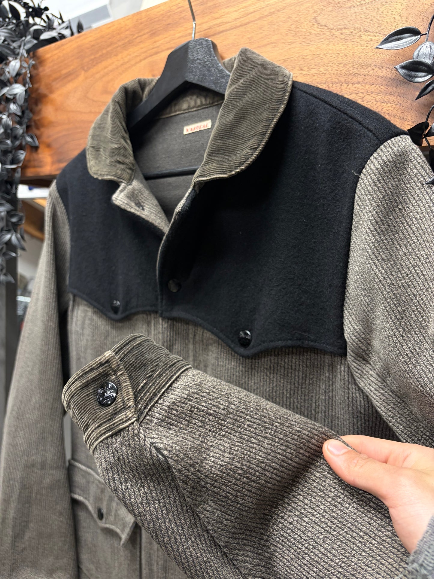 Kapital Brown Wool & Corduroy Western Button Snap Trucker Jacket