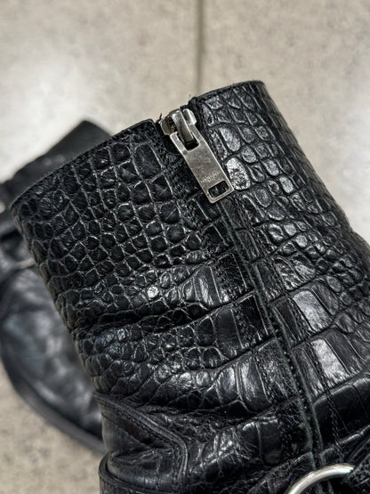 Saint Laurent Croc Print Black Leather Wyatt Harness Boots