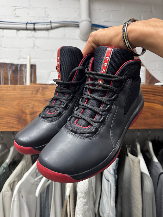 2000s Prada Sport ‘Americas Cup’ Bred Colorway Leather High Top Sneakers
