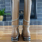 Dirk Bikkembergs Knee High ‘Bungee Cord’ Wraparound Brown Leather Metal Heel Boots.