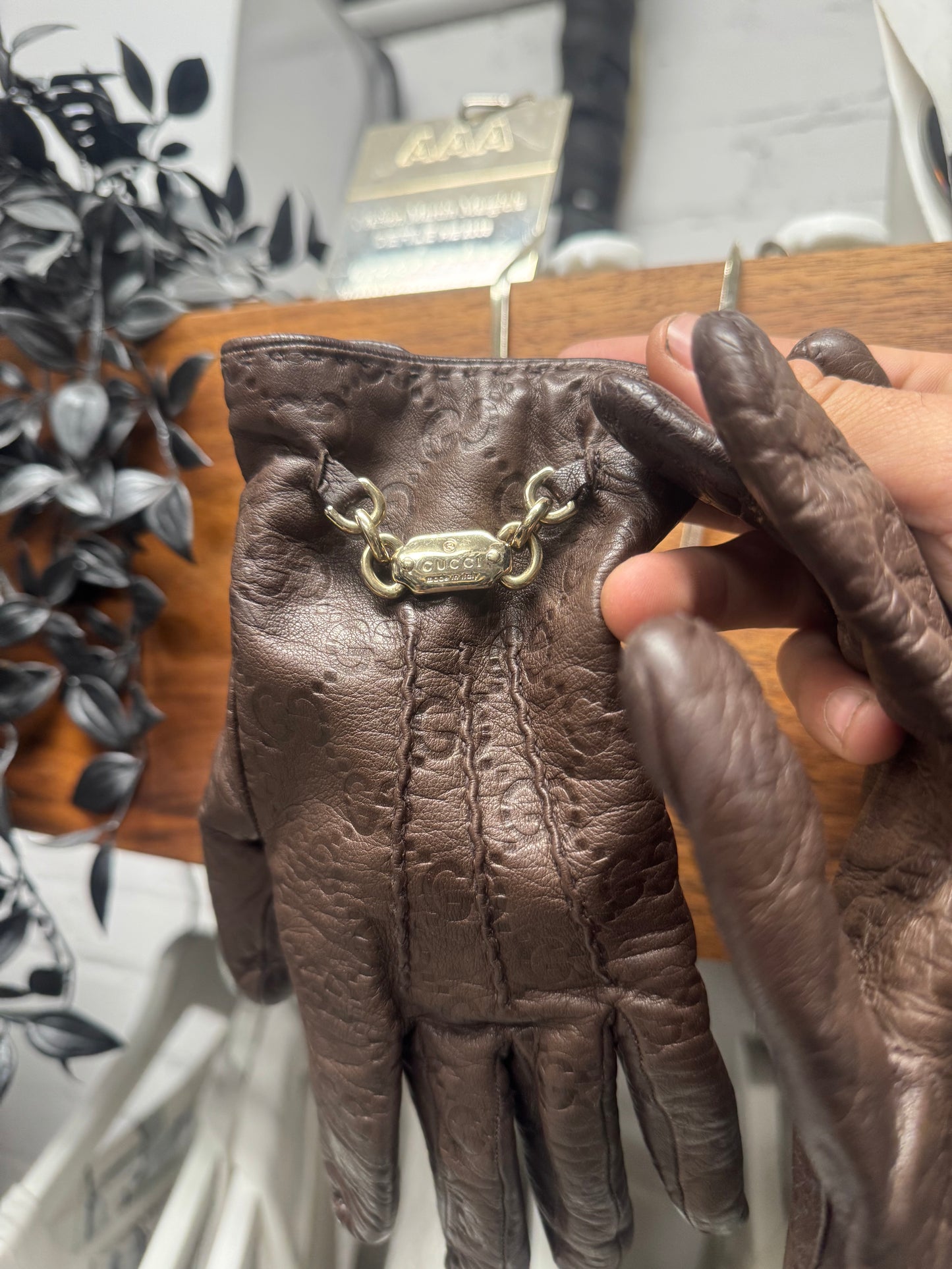 2000s Gucci Gold ‘Horsebit’ Monogram Embossed Brown Leather Gloves