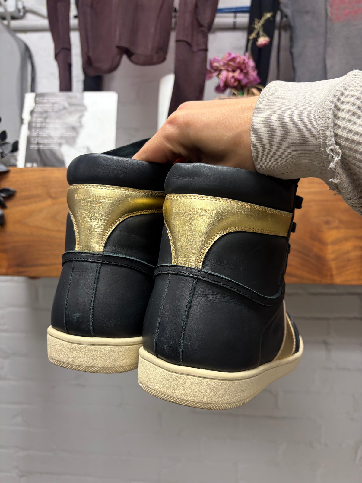 Saint Laurent 'SL/10H' Black/Gold Leather Court High Top Sneakers