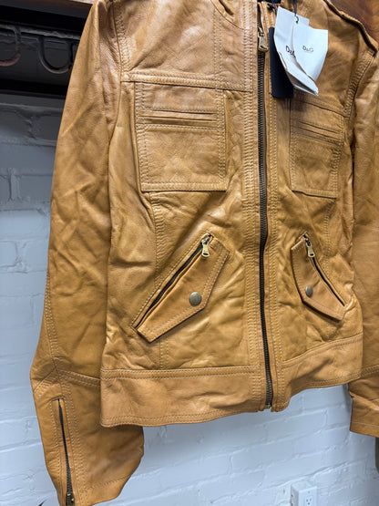 Dolce and Gabbana Brown Goatskin Leather Jacket with Military Inspired Cut