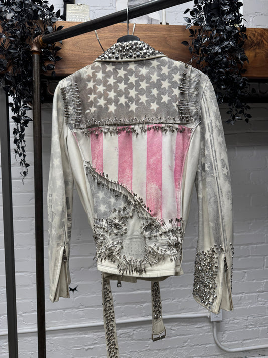SS2011 Balmain by Christophe Decarnin ‘Safety Pin’ American Flag Leather Biker Jacket