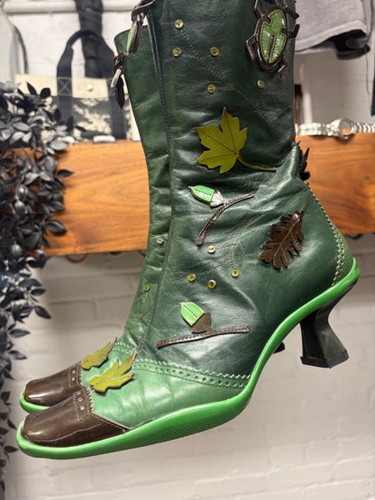 AW1999 Prada Green Calfskin Leather Leaf Appliqué Ankle Boots