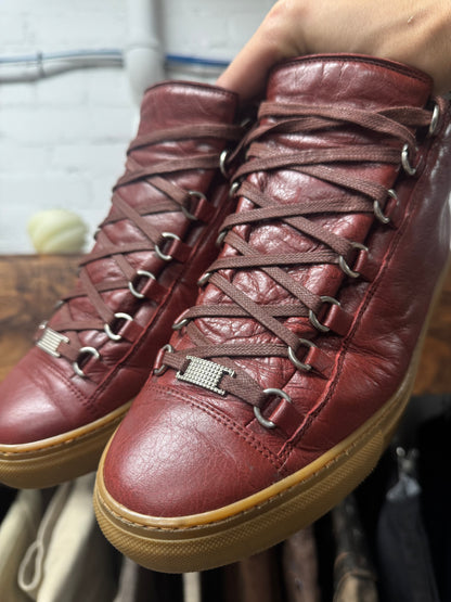 Balenciaga ‘Arena’ Oxblood Red/Gum Sole Leather High Top Sneakers