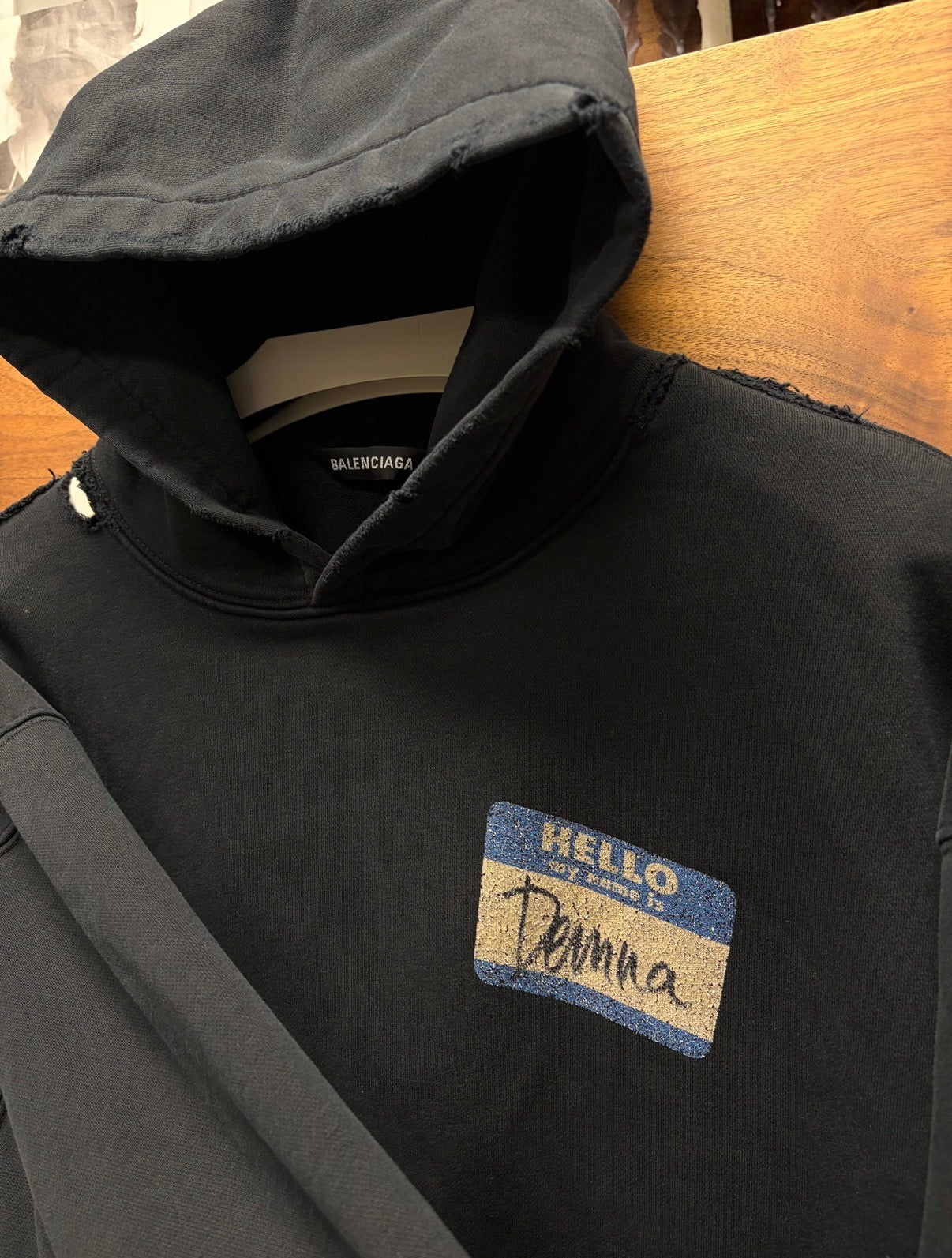 2020 Balenciaga ‘Nametag’ Distressed Black Pullover Hoodie