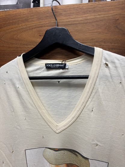 2000s Dolce & Gabbana ‘Pepsi’ Distressed White V-Neck Cotton T-Shirt