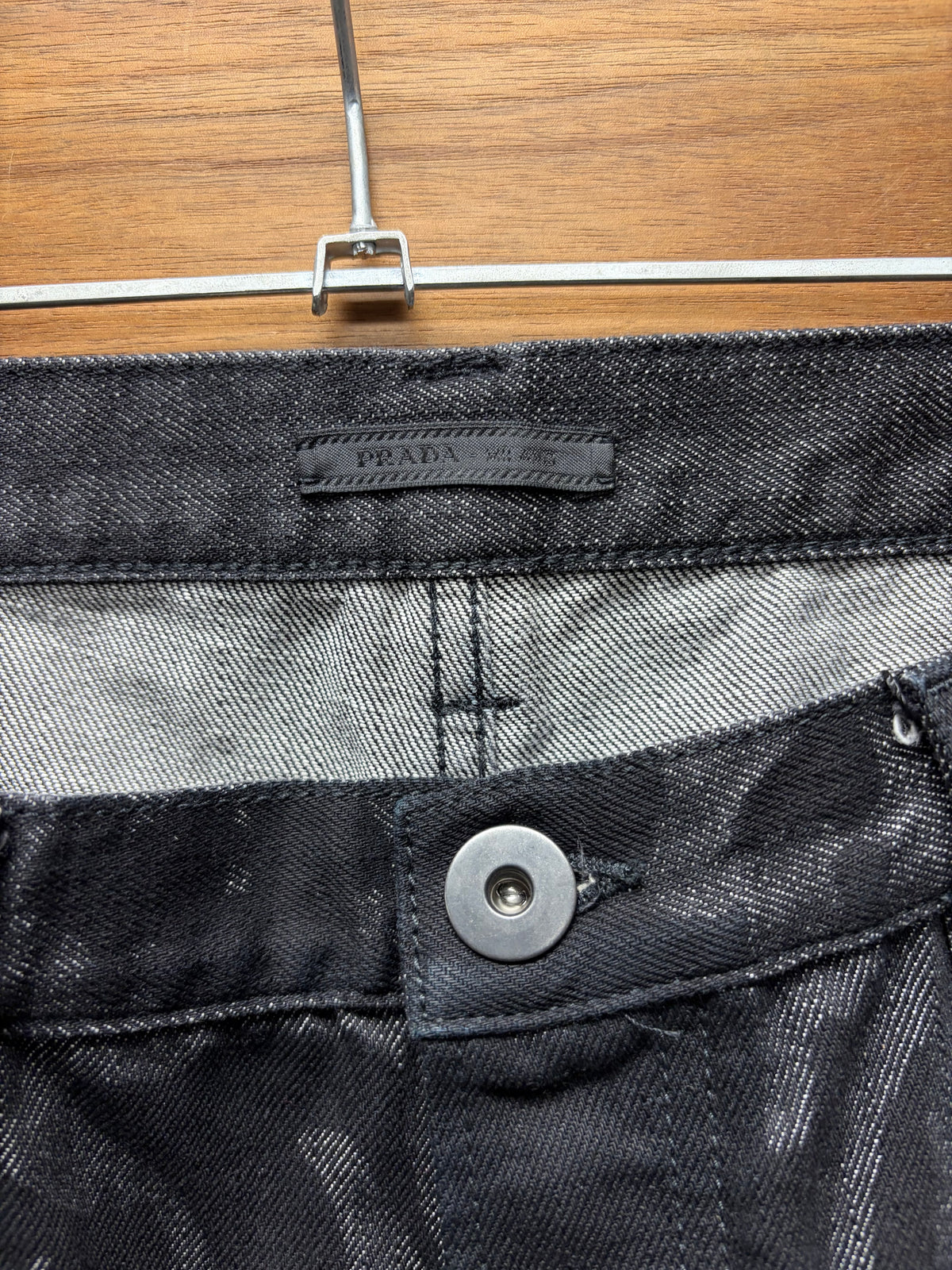 Prada Waxed Black Coated Skinny Jeans with Saffiano Patch Logo