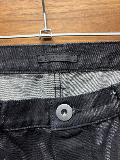 Prada Waxed Black Coated Skinny Jeans with Saffiano Patch Logo