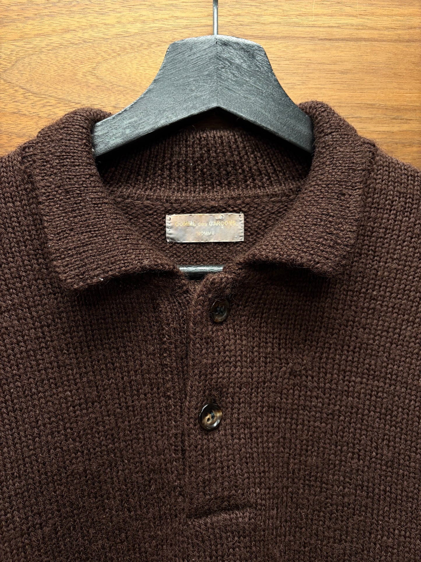 Vintage 90s Comme Des Garçons Homme Dark Brown Wool Knit Polo Sweater