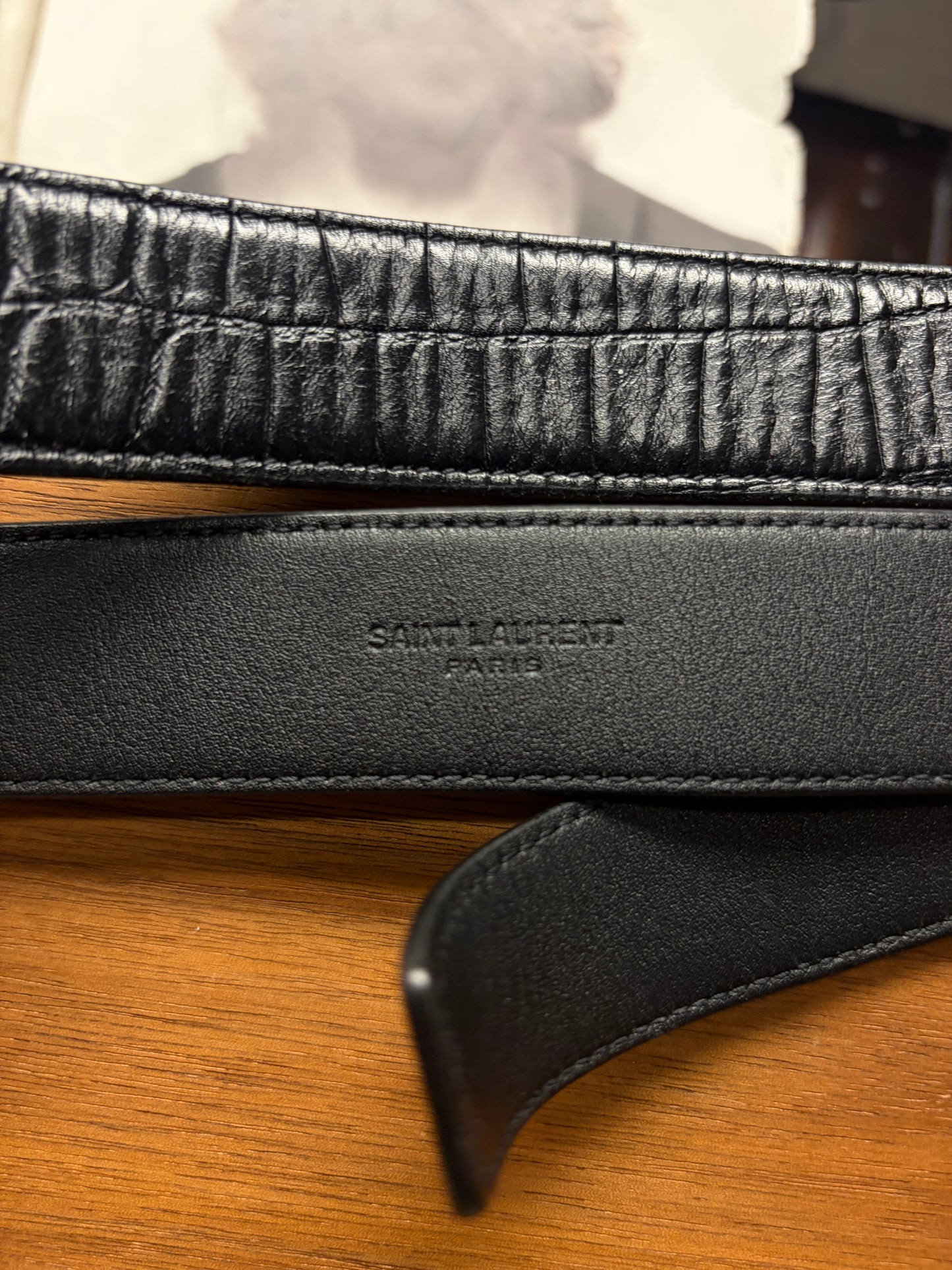Saint Laurent Black Crocodile Embossed Leather ‘YSL’ Logo Minimal Belt