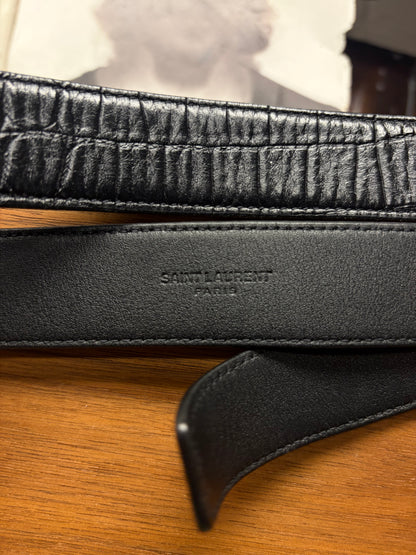 Saint Laurent Black Crocodile Embossed Leather ‘YSL’ Logo Minimal Belt