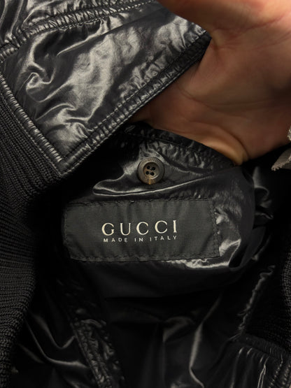 2000s Gucci by Frida Giannini Waxed Black Down Filled Jacket with Leather Crest Patch