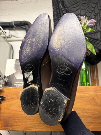 Prada Brown Patent Leather ‘Geometric’ Pointed Toe Derbys