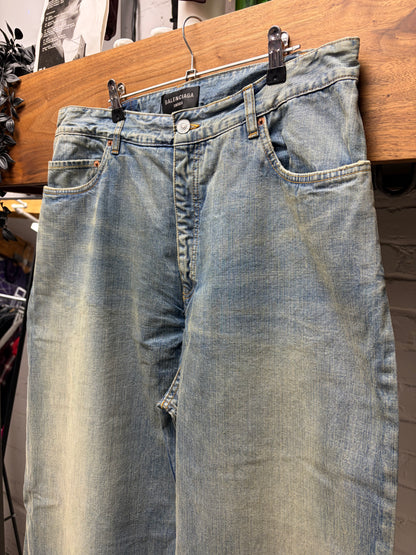 2023 Balenciaga 'Double Leg' Dirt Washed Blue Wide Leg Denim