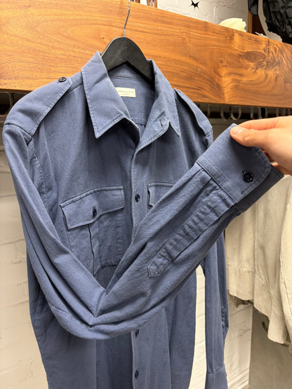 Dries Van Noten Uniform Blue Military Epaulette Button Up Shirt
